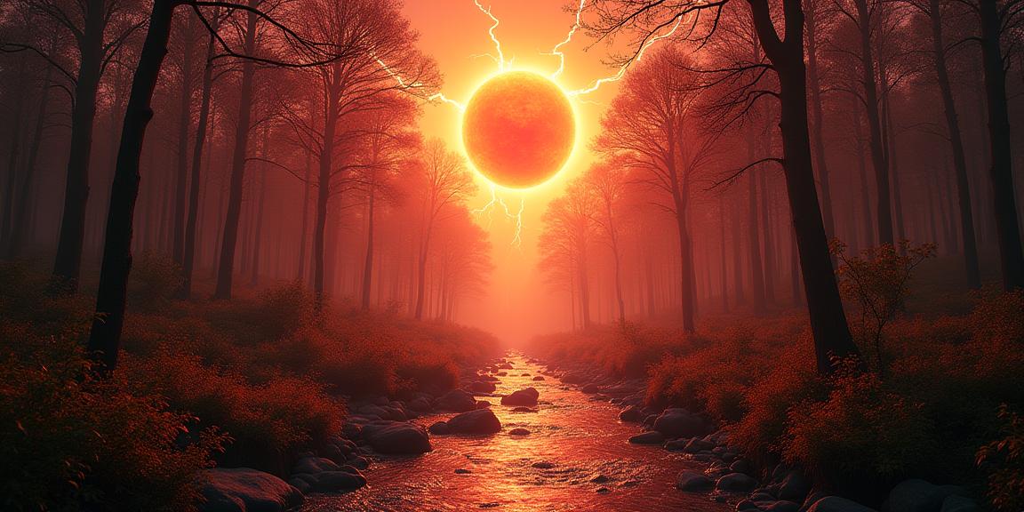 photograph, crowded forest and Solar eclipse in background, fairy tale, medium shot of a Radiant Scenic The Wellspring of Abundance