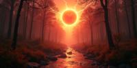 photograph, crowded forest and Solar eclipse in background, fairy tale, medium shot of a Radiant Scenic The Wellspring of Abundance