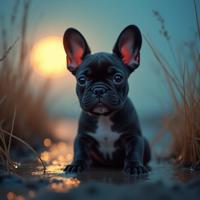 photograph, magical atmosphere, Portrait of a French Bulldog Puppy with Fierce ears, it is very Retro and Cartoony
