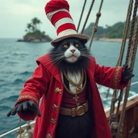 photograph, majestic, aerial shot of a Warrior Flaming obese Mongolian The Cat in the Hat , he is wearing pirate robe tailored by Halston