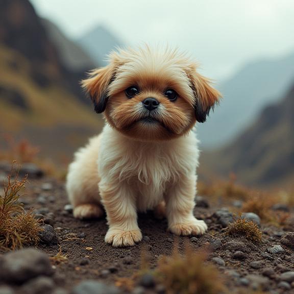 designed by Thomas Barbey and Maia Flore , photograph, concept art, medium close up shot of a Atari Style Retrofuturistic Shih Tzu Puppy