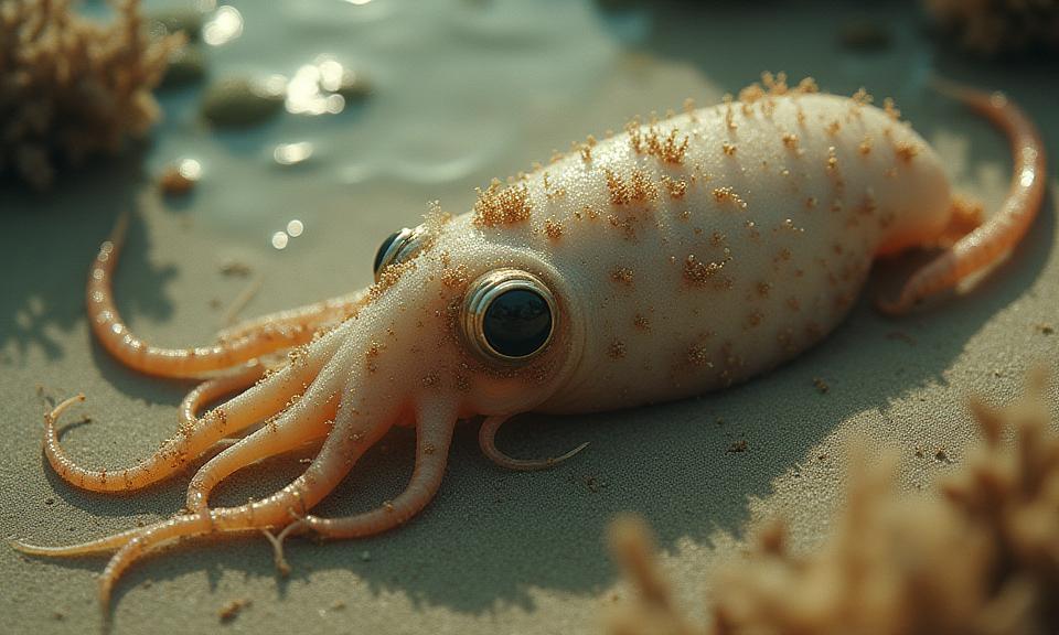 photograph, Golden ratio, top down view of a Space Accessorized Squid , Unattractive vegetation in background