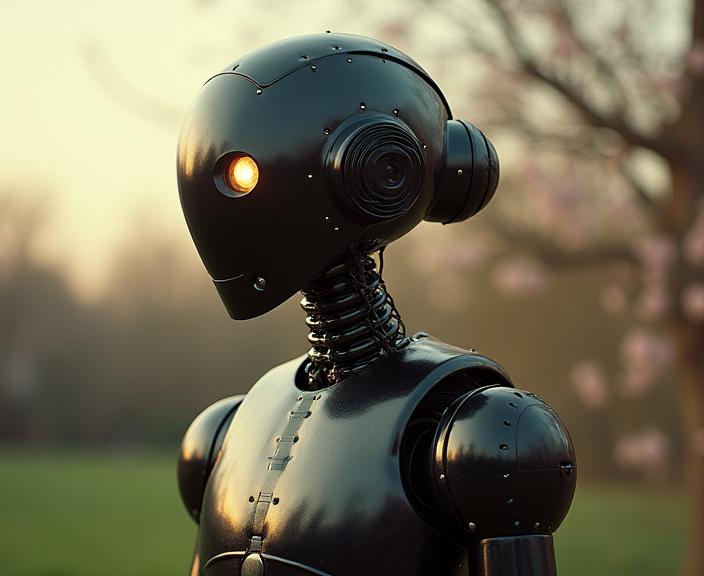 designed by John Batho and Herb Ritts , photograph, masterpiece, Street level shot of a Simple S burly Ragtime Male Robot