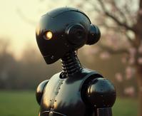 designed by John Batho and Herb Ritts , photograph, masterpiece, Street level shot of a Simple S burly Ragtime Male Robot