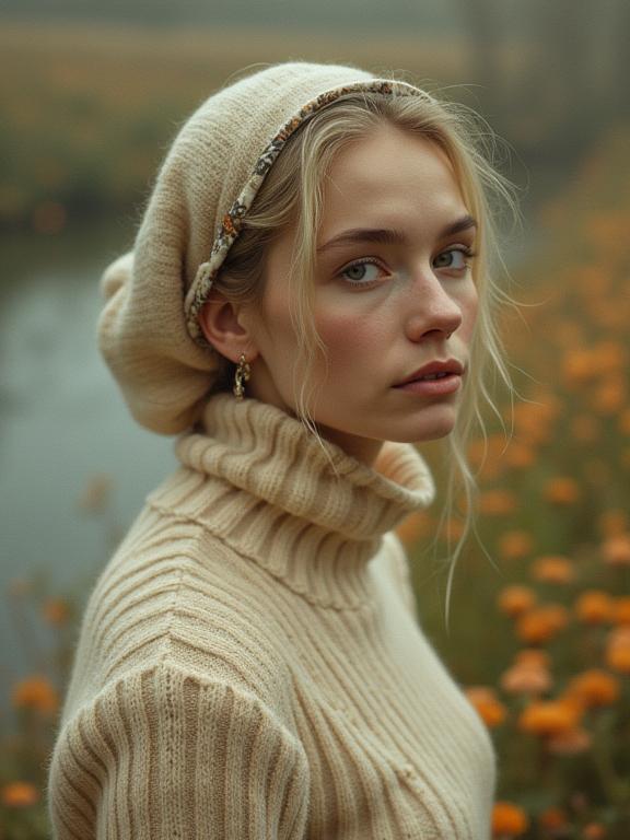photograph, American Expressionism, pleasant, angle from above of an in a very Celestial Cream Moroccan PVC Turtleneck