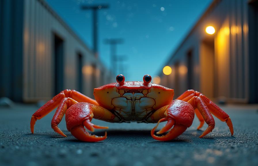 photograph, fairy tale, extreme close up shot of a Sharp Welcoming Crab , from inside of a Modular Warehouse