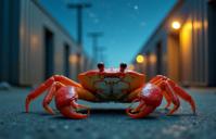 photograph, fairy tale, extreme close up shot of a Sharp Welcoming Crab , from inside of a Modular Warehouse
