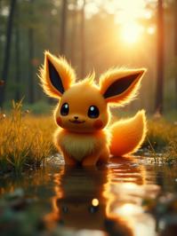 photograph, dark pastel theme , cinematic shot of a Misshapen Skillful Flareon , Passionate grass in background