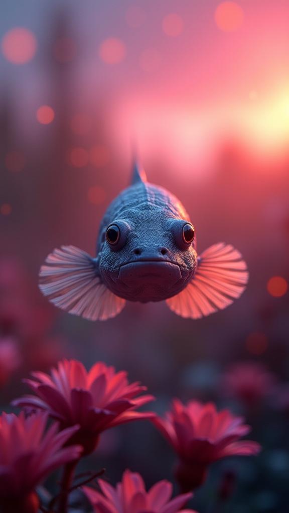 photograph, Aesthetic flowers and Aurora Borealis in background, award winning, Studio shot of a Aggressive glamourous Goby