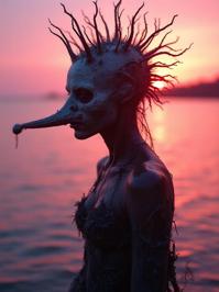 stylized by Meryl McMaster and Fay Godwin and David Yarrow , photograph, intricate details, body shot of S Haunted Triton s Trumpet