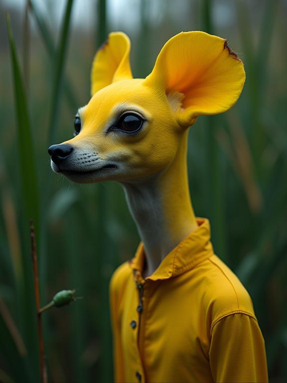 by John Batho and Elke Vogelsang , photograph, complex artistic color composition, upper body shot of a Pittoresque Uninspired Mustard Yellow and Slate Gray Goth Lily