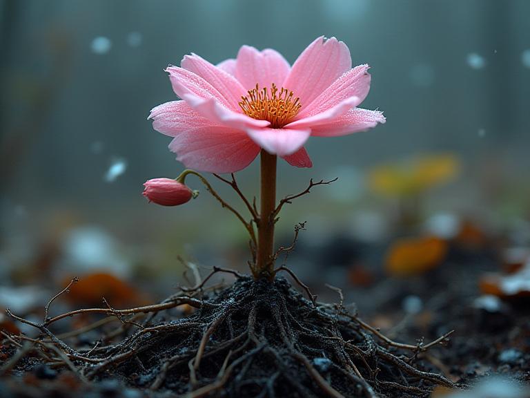 art by Bill Traylor and Jack Spencer and Andy Goldsworthy , photograph, award winning, rear angle of a Deep rooted Jealous Blush Pink and Navy Chikorita of the Mists
