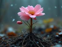 art by Bill Traylor and Jack Spencer and Andy Goldsworthy , photograph, award winning, rear angle of a Deep rooted Jealous Blush Pink and Navy Chikorita of the Mists