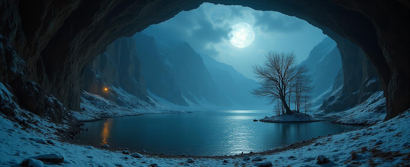photograph, desolate lake with Beech, fairy tale, landscape of a Cairns and Award Winning Russian Subterranean cavern