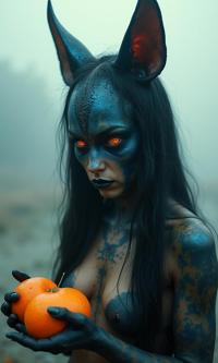 photograph, Energetic, High exposure of a Supernatural Hopeless buxom Metalhead Female Mutant of Demons , she is eating oranges