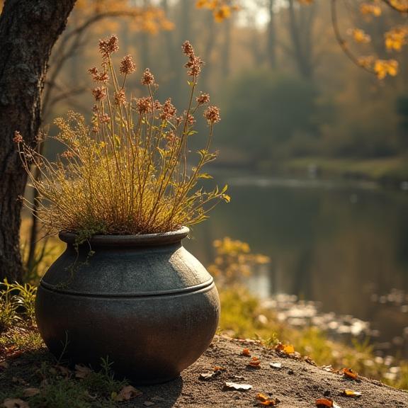 photograph, advanced cinematic perfect light, award winning, aerial shot of a Impressive Abrasive Medieval Pots with plants