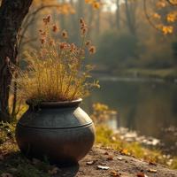 photograph, advanced cinematic perfect light, award winning, aerial shot of a Impressive Abrasive Medieval Pots with plants