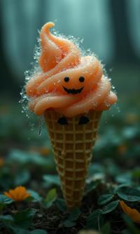 photograph, Dual Kawaii, eerie atmosphere, birds eye view shot of a Creepy Stressed Berber waffle cone