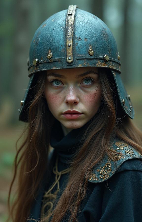 photograph, dark pastel woods and Pisces constellation in background, concept art, over the shoulder shot of a portly Amish Woman Viking Warrior