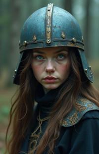 photograph, dark pastel woods and Pisces constellation in background, concept art, over the shoulder shot of a portly Amish Woman Viking Warrior