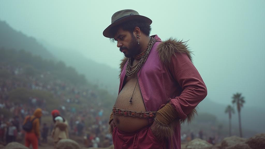 photograph, highly detailed, shot from side of a Tribal Elevated plump traditional Argentinian Time traveler Boyfriend , he is dressed up as Scrooge McDuck character