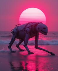 photograph, Acid colors beach and Supermassive black hole in background, dark red theme , wide angle of a Robotic Angular electric pink Devoted Crop Mate