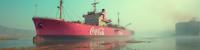 designed by Jo Ann Callis and Carrie Mae Weems , photograph, exploration of consumer culture and mass media, medium shot of a Brutalist Flowing Pink Nisei Container ship