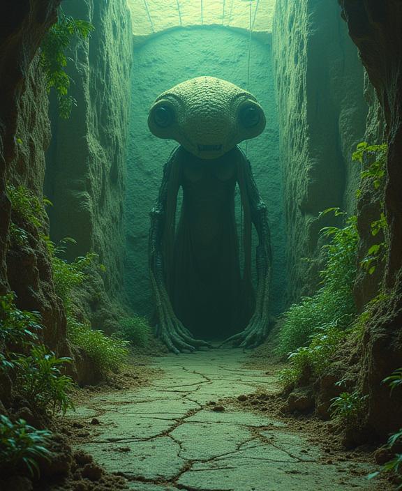 stylized by John Batho and Natalia Rak and Hans Bellmer , photograph, surreal, landscape of a Alien Laboratory from inside of The City of the Dead in the Valley of the Kings