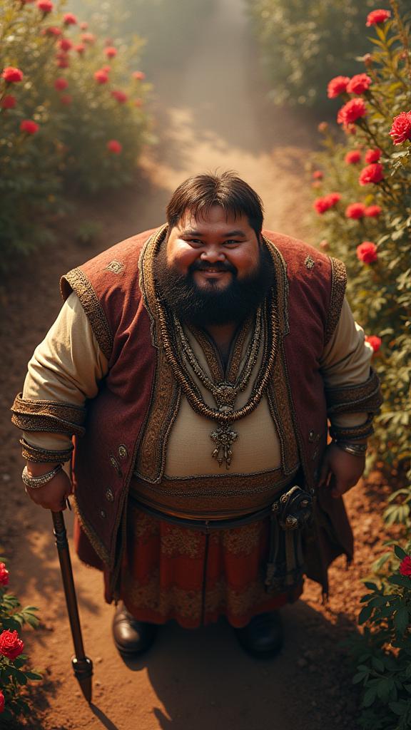 photograph, majestic, winning, birds eye view shot of an obese Bavarian Sultan Yukihiro