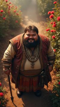 photograph, majestic, winning, birds eye view shot of an obese Bavarian Sultan Yukihiro