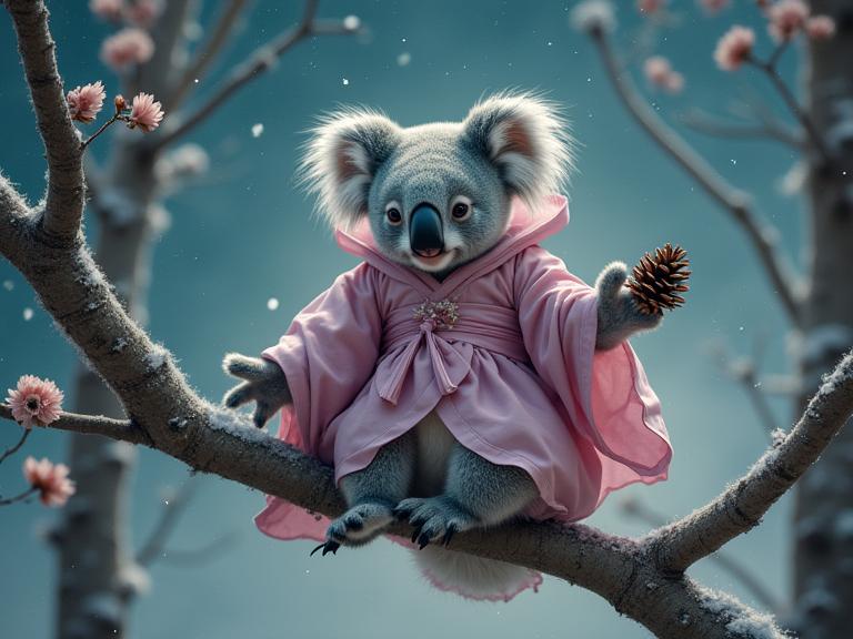 photograph, stylized, angle from above of a Mature Collectable Mint and Lavender large Bosnian Koala , it is riding a Lark