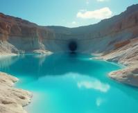 art by Ren Hang and August Sander and Clemens Ascher , photograph, intricate details, landscape of a Sapphire Lagoon of the Azure Waters from inside of The Painted Desert