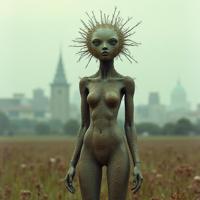 photograph, insane details, upper body shot of a Plated Nurturing Gothic seeds , it is covered in Dust