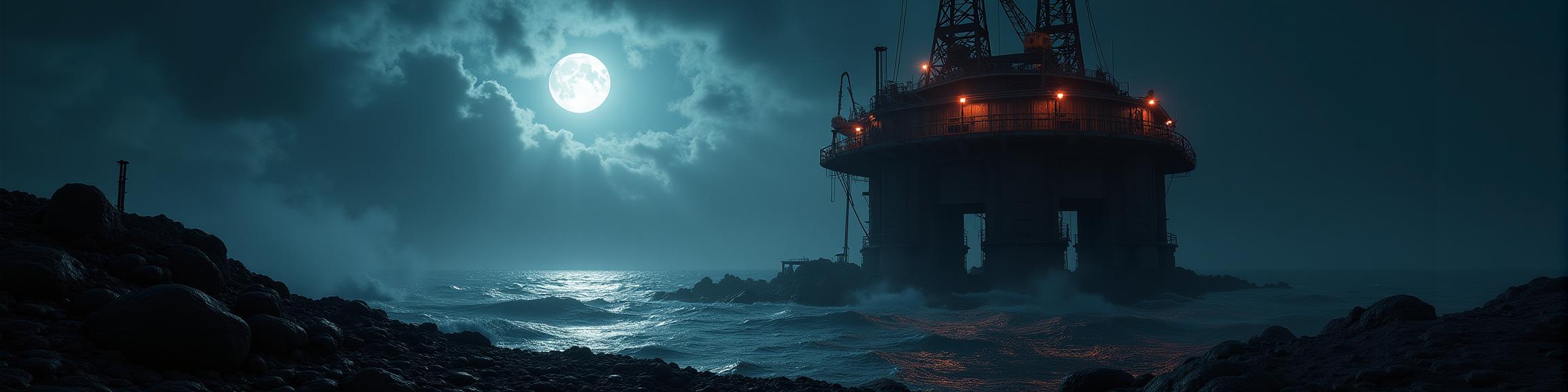 designed by Marianna Rothen , photograph, stylized, landscape of a Iron Keep from inside of a Oil platform