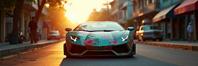 stylized by Daniel Jaems , photograph, hyper detailed, ground level shot of a Unpredictable Abnormal Guatemalan Lamborghini