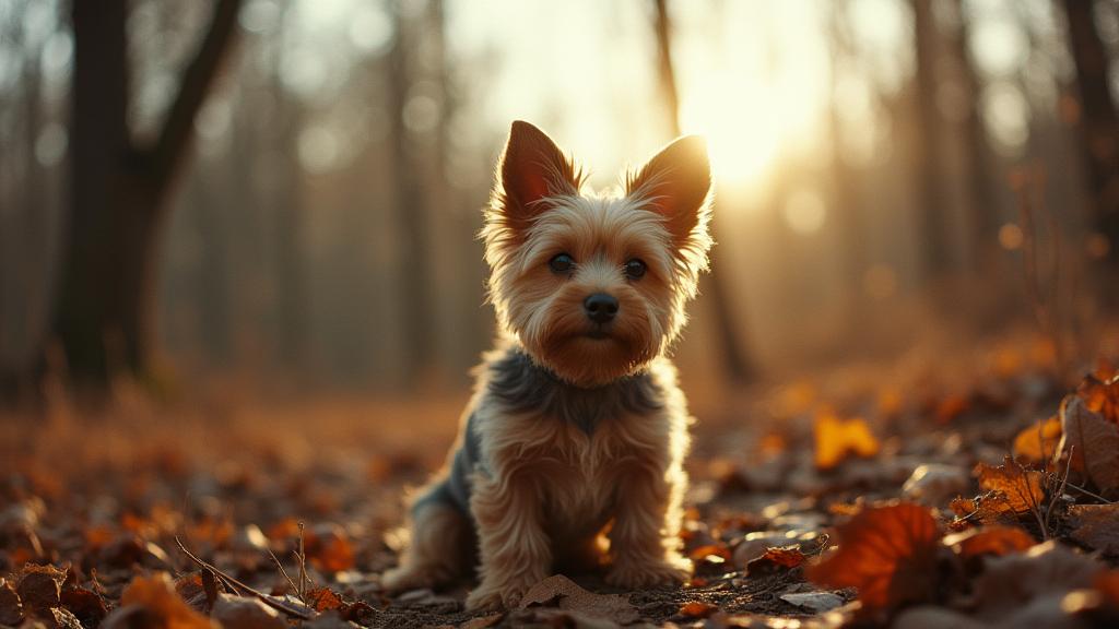 by Fernand Fonssagrives and Constantin Joffe and Clemens Ascher , photograph, Rule of Thirds, hip level shot of a Beautiful Grouchy Yorkshire Terrier Puppy of Glimmering