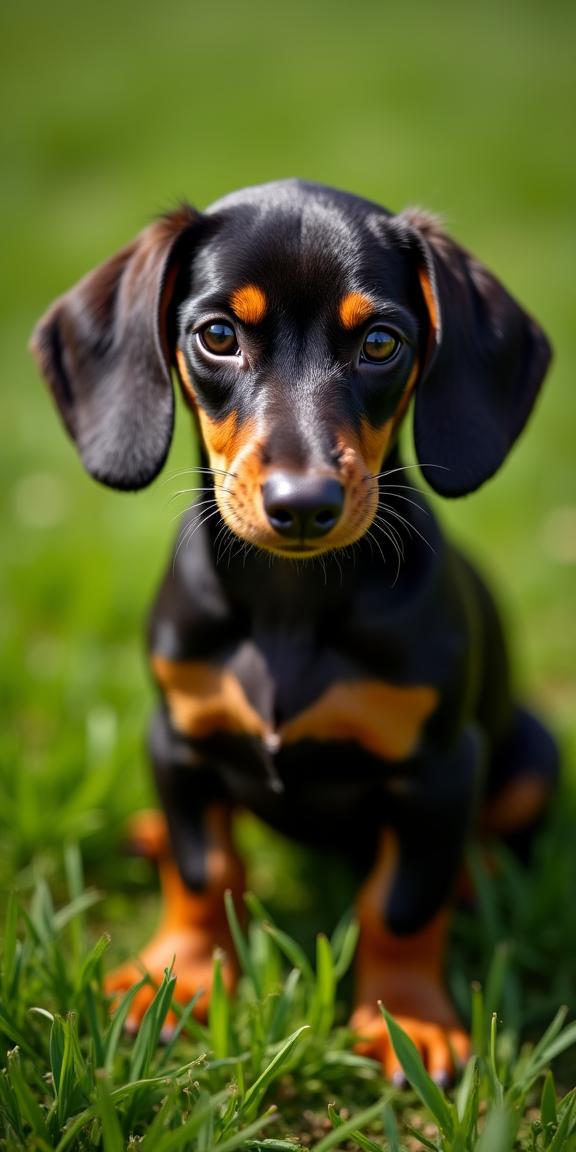 photograph, stunning detail, selfie of a Luminous Painterly Dachshund Puppy of Humanity , simple dark green background