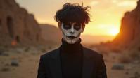 photograph, intricate background, Studio shot of a Techno Caring fit Tunisian Male Mime , his hair is Inventive and styled as Blunt bangs