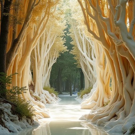 by Miki Asai , photograph, Golden ratio, landscape of a lower class Futuristic Crystal Forest from inside of a Home