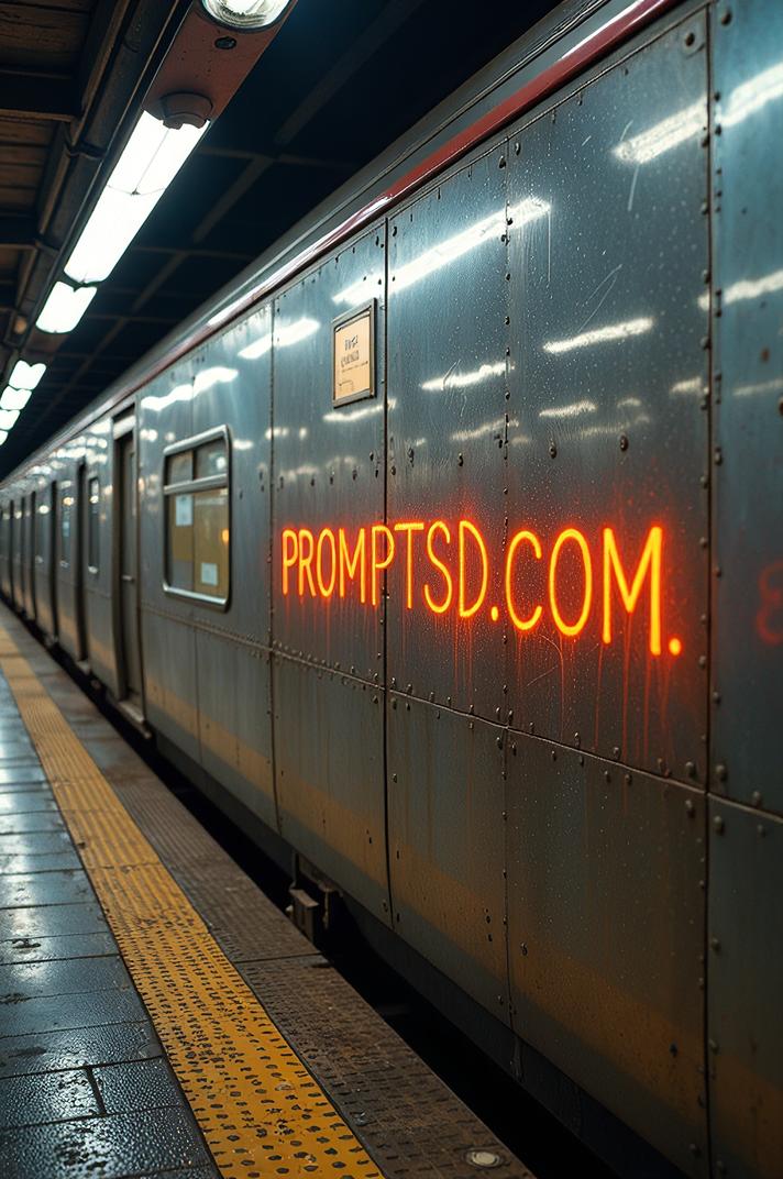 orange graffiti in a modern font PROMPTSD COM at, photograph, Iridescent High speed Train, ornate details