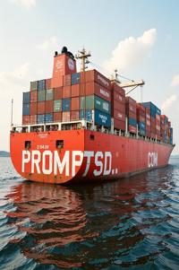 red graffiti in a modern font PROMPTSD COM at, photograph, Contemporary Container ship, very Talented Dimensional