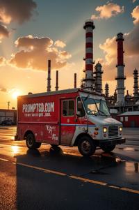 vermilion graffiti in a modern font PROMPTSD COM , photograph, Postal delivery truck , Horrifying