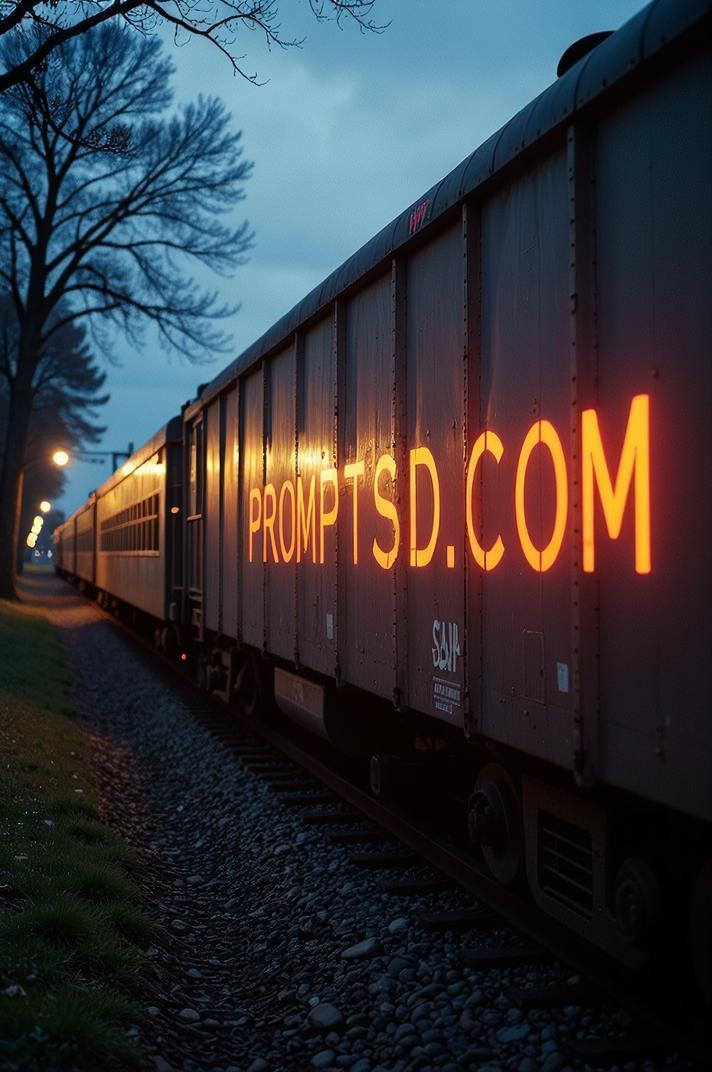 linen graffiti in a modern font PROMPTSD COM , photograph, Refined Train, at Twilight