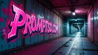cerise graffiti in a modern font PROMPTSD COM , photograph, Flowing Hard Rocketship, Unforgettable Pedestrian tunnel in background
