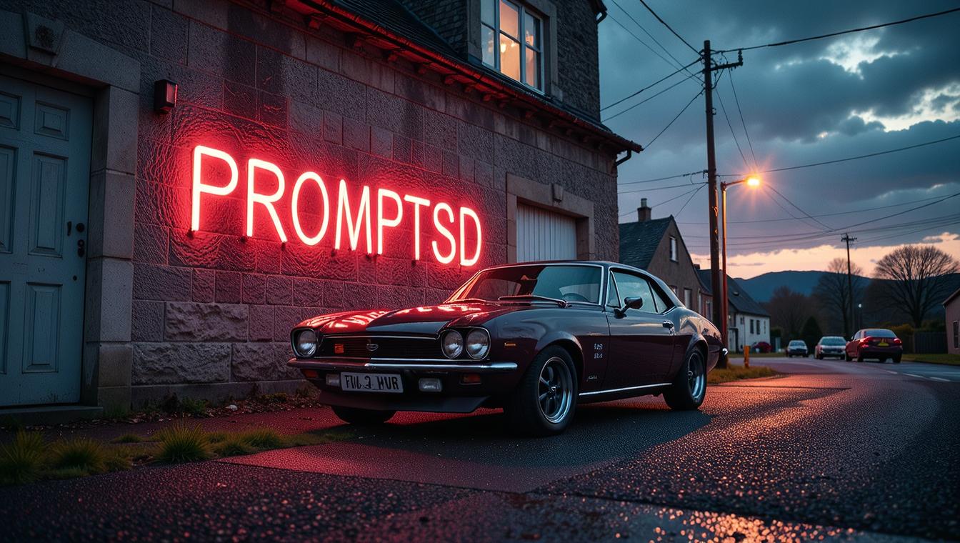 buff graffiti in a modern font PROMPTSD COM , photograph, Scottish Nissan , the Nissan is Arcadian Eye catching