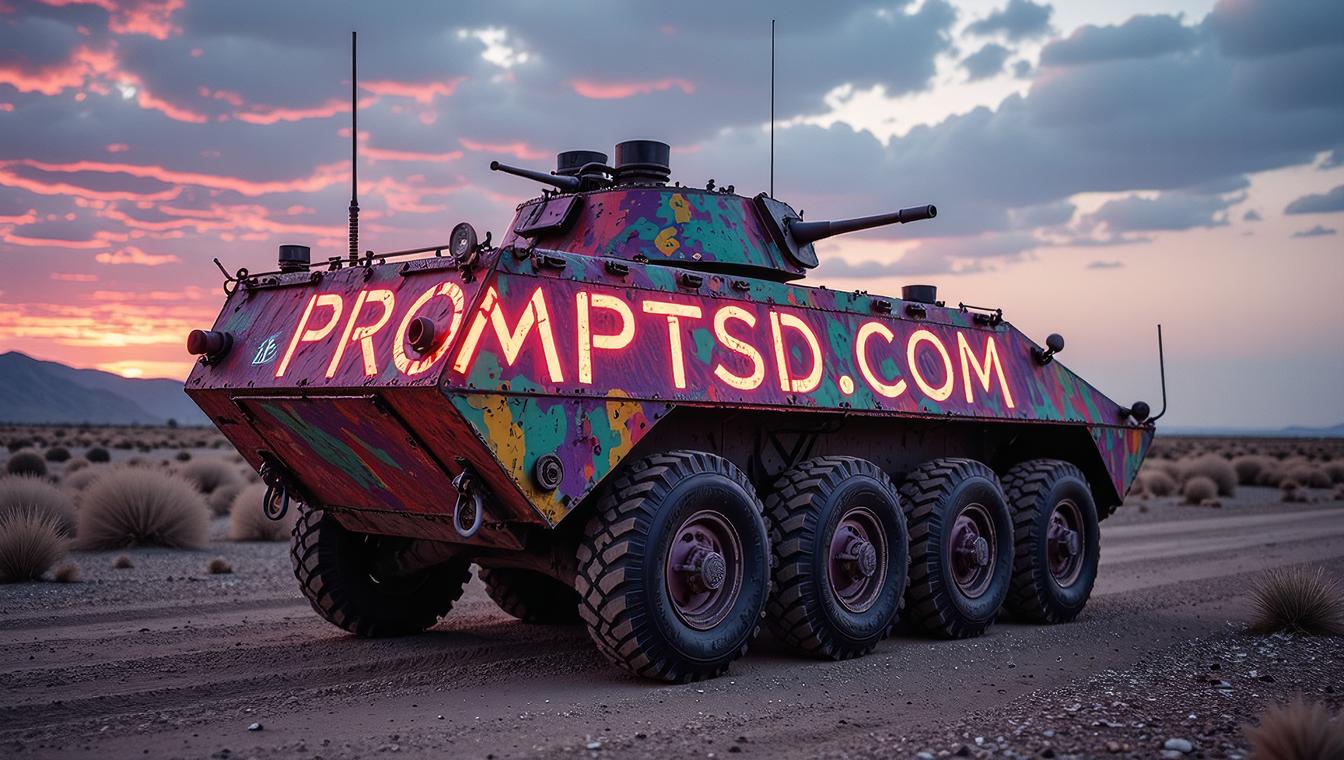 plum graffiti in a modern font PROMPTSD COM , photograph, surreal, Rainbow Armored vehicle