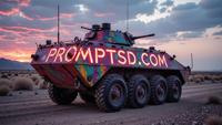 plum graffiti in a modern font PROMPTSD COM , photograph, surreal, Rainbow Armored vehicle