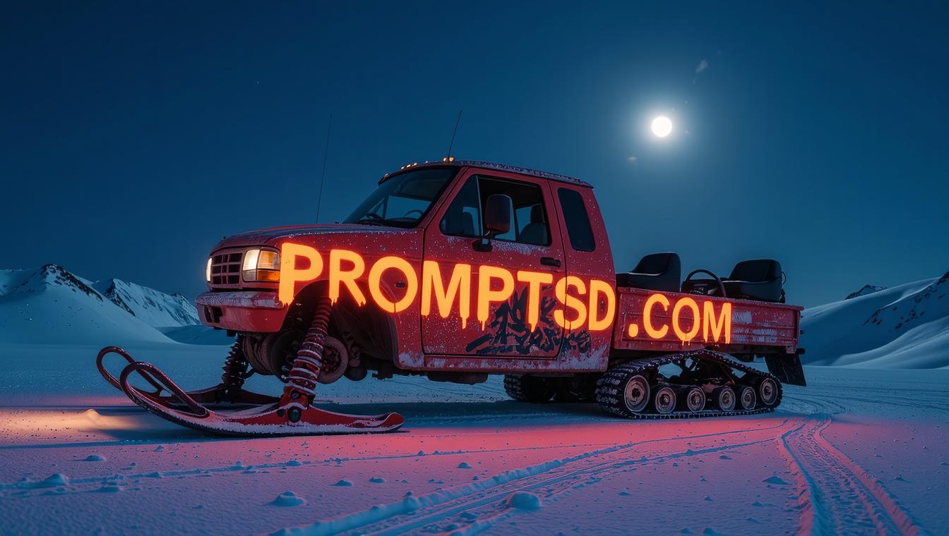 safety orange graffiti in a modern font PROMPTSD COM , photograph, knee level shot of a Overwrought Inuit Snowmobile, plain background