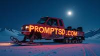safety orange graffiti in a modern font PROMPTSD COM , photograph, knee level shot of a Overwrought Inuit Snowmobile, plain background