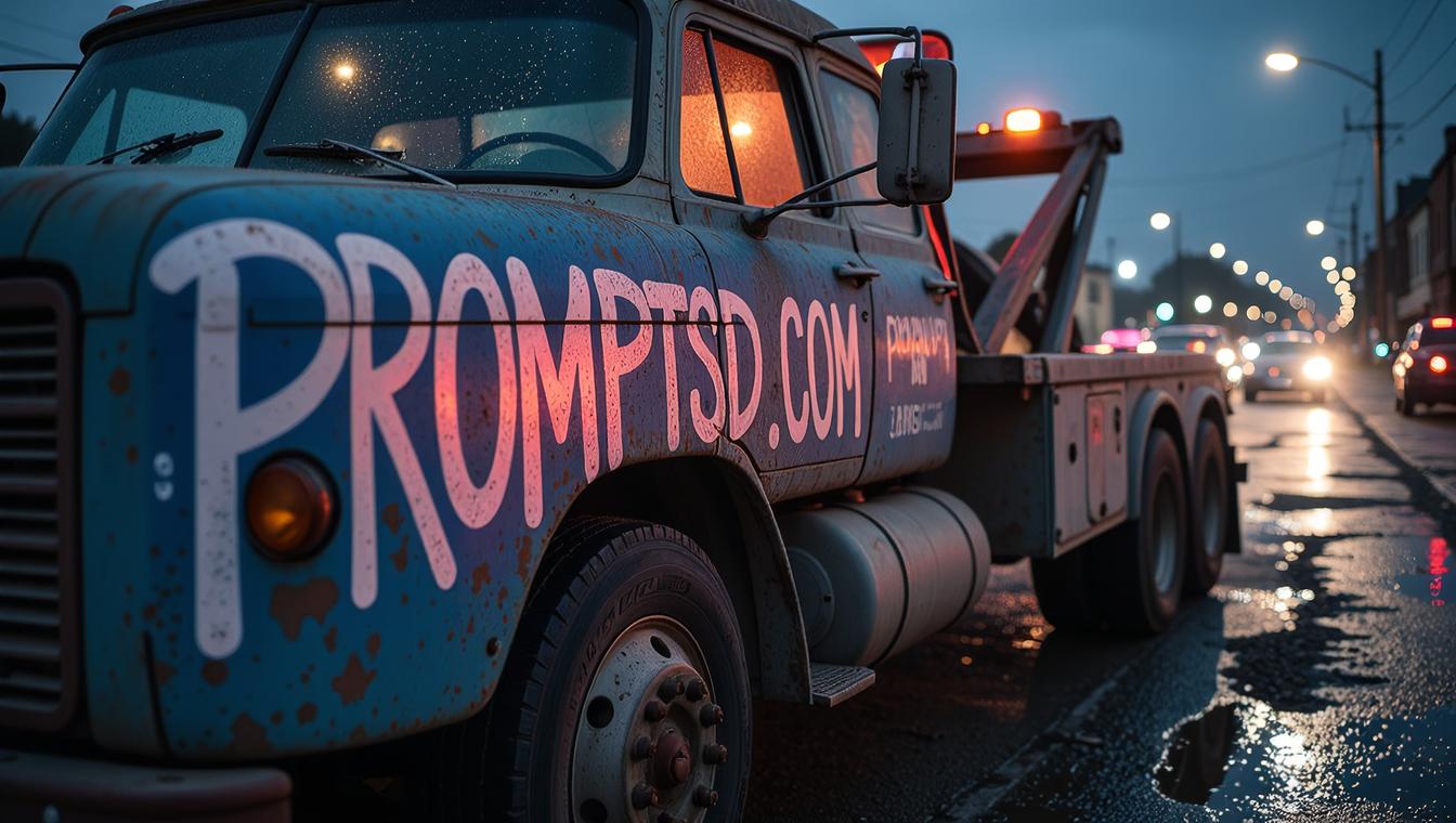 indigo graffiti in a modern font PROMPTSD COM , photograph, Abstract Tow truck of Breaking, back light
